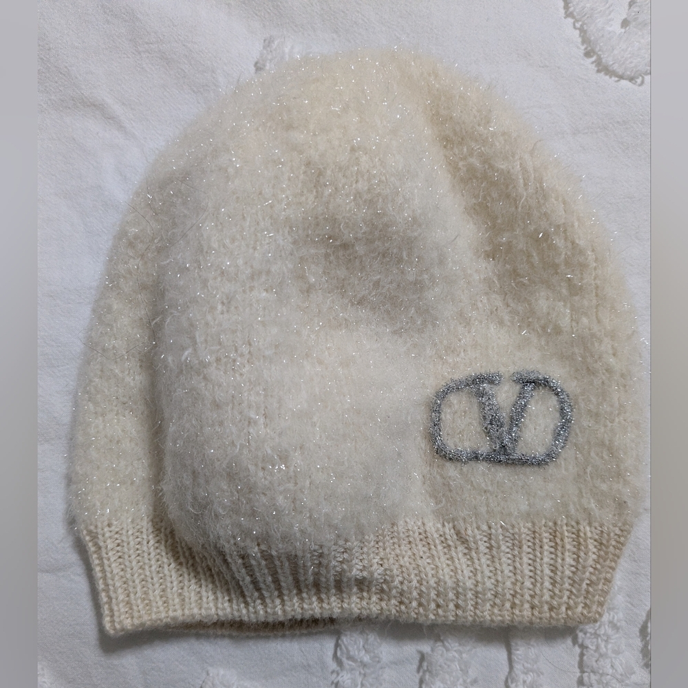 Valentino Ivory Knit Beanie with Metallic Logo